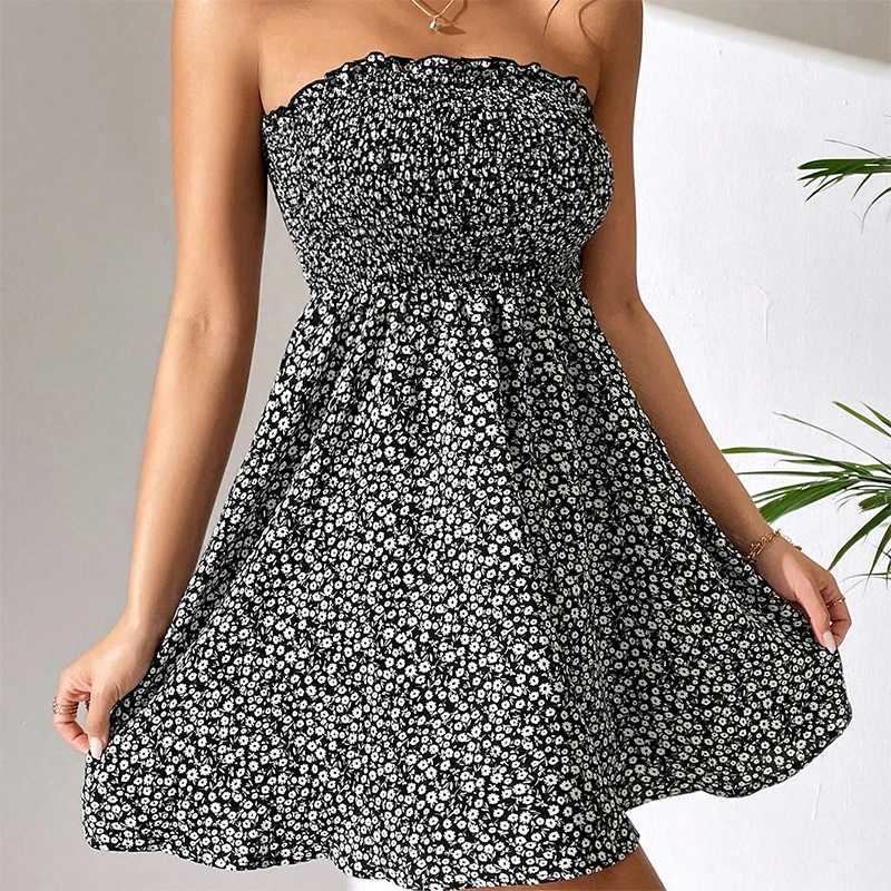 Basic Casual Dresses Summer womens fashion casual commuter Korean version of off-the-shoulder short miss kn floral short dress Y240515