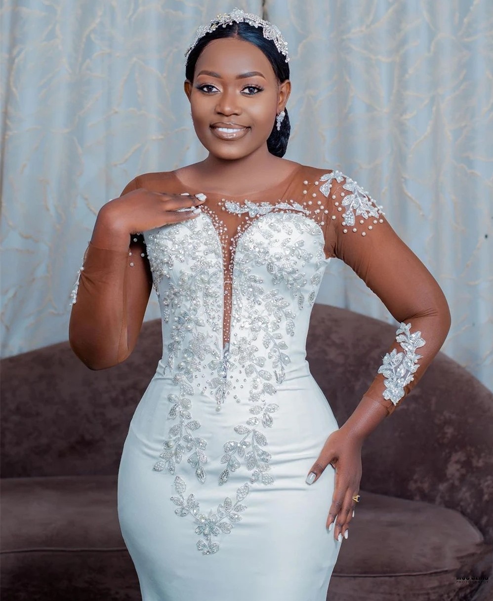 Sexy Mermaid African Wedding Dress 2025 Pearls Beaded Long Illusion Sleeves Aso Ebi Slit Lace Satin Women Bride Gowns Vestidos De Novia Customed