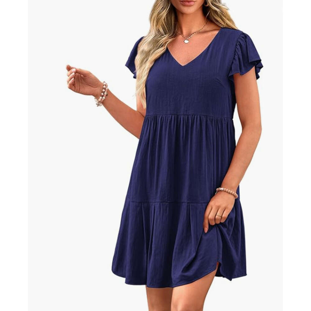 Summer Casual Short Dress Hat Sleeves V-Neck Layered Ruffle Swinging Dress