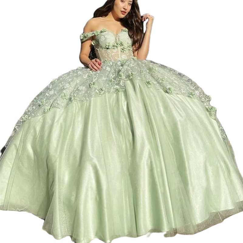 Off Shoulder Princess Quinceanera Dresses 3D Floral Ball Gowns for Women Lace And Satin Prom Dress with Train Sweet 16 Dress Vestidos De 15 Anos