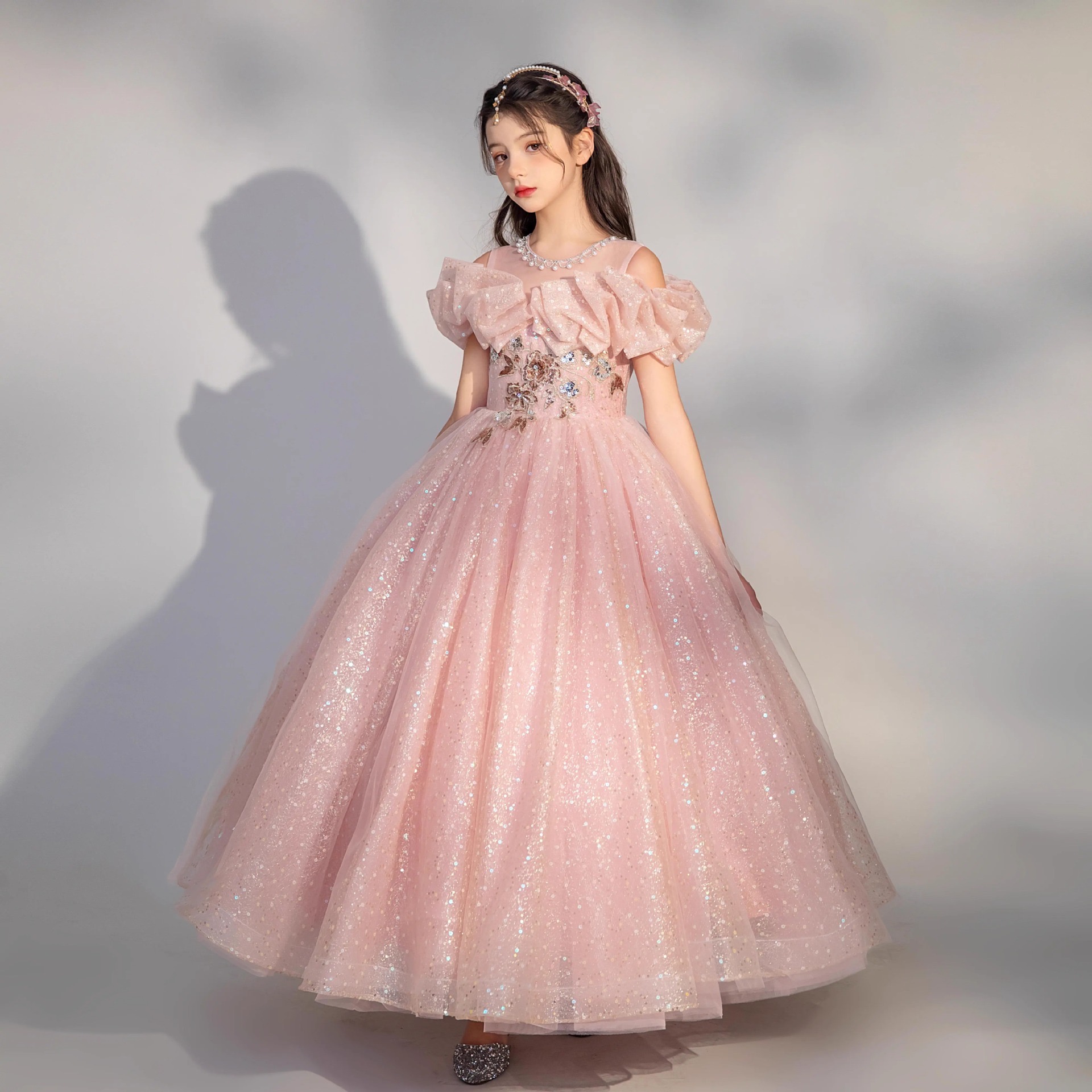 2024 Kids Formal Wear Elegant Birthday Dress off shoulder princess Ball Gown Flower Girl Dresses for Wedding TUTU Cute Princess Kids Gown pink sequine