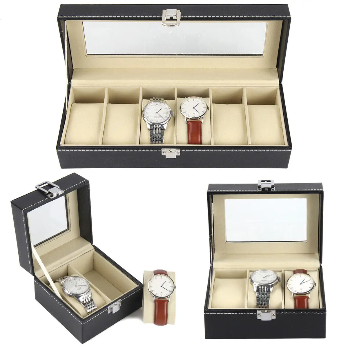 WellZone Classical PU Leather 6/10/12 Grids Watch Display Box Jewelry Storage Organizer Collector Case 240518