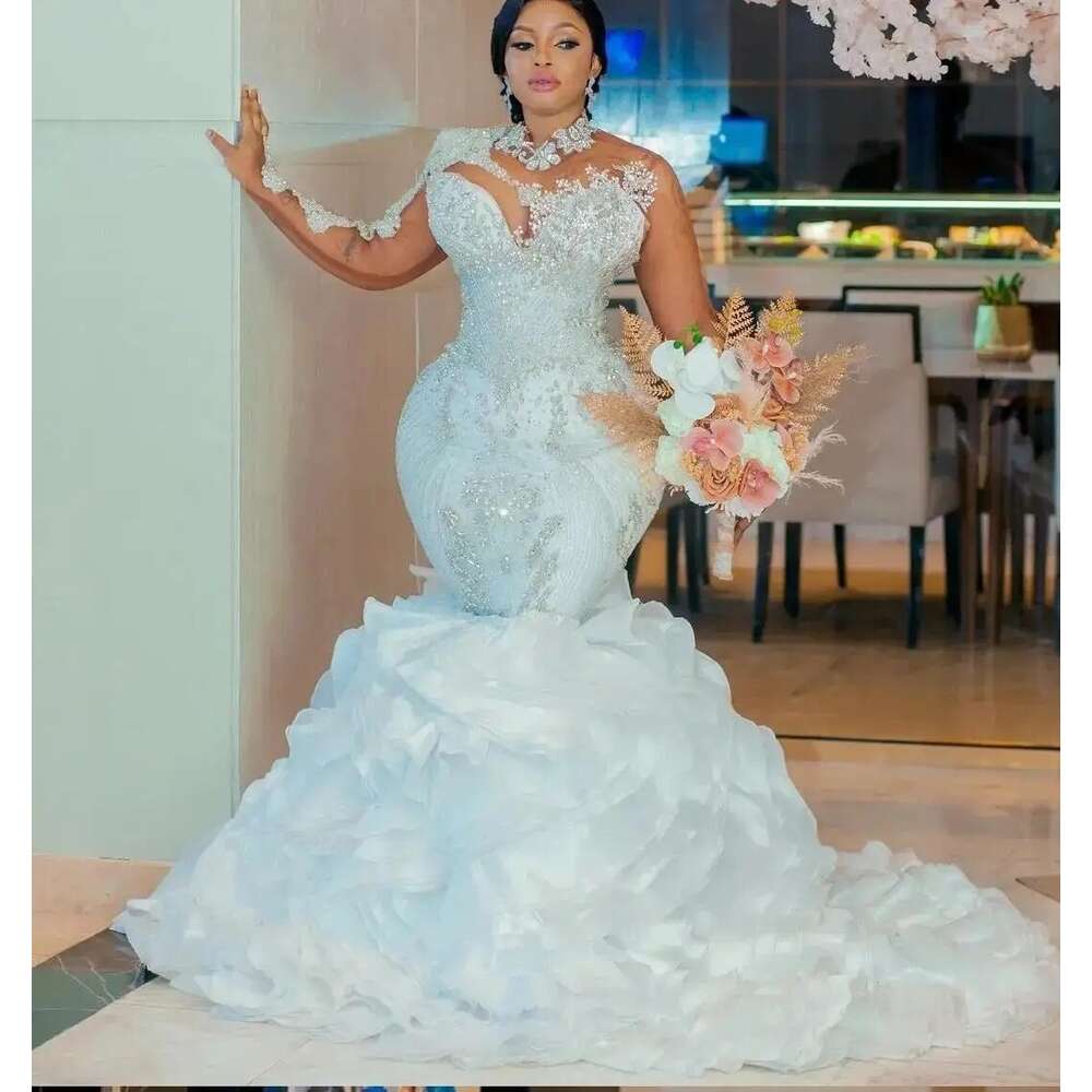 Custom Made Sparkg Beads Crystal Wedding Drs Mermaid Rufflu Long Sleev African Bridal Gowns Robe De Mariee Lz0304