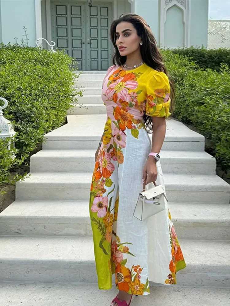 Basic Casual Dresses Fashion Round Collar Printed Long Dress For Women Elegant Casual Short Puff Sleeved Dresses 2024 Summer New Female Vacation Robe 