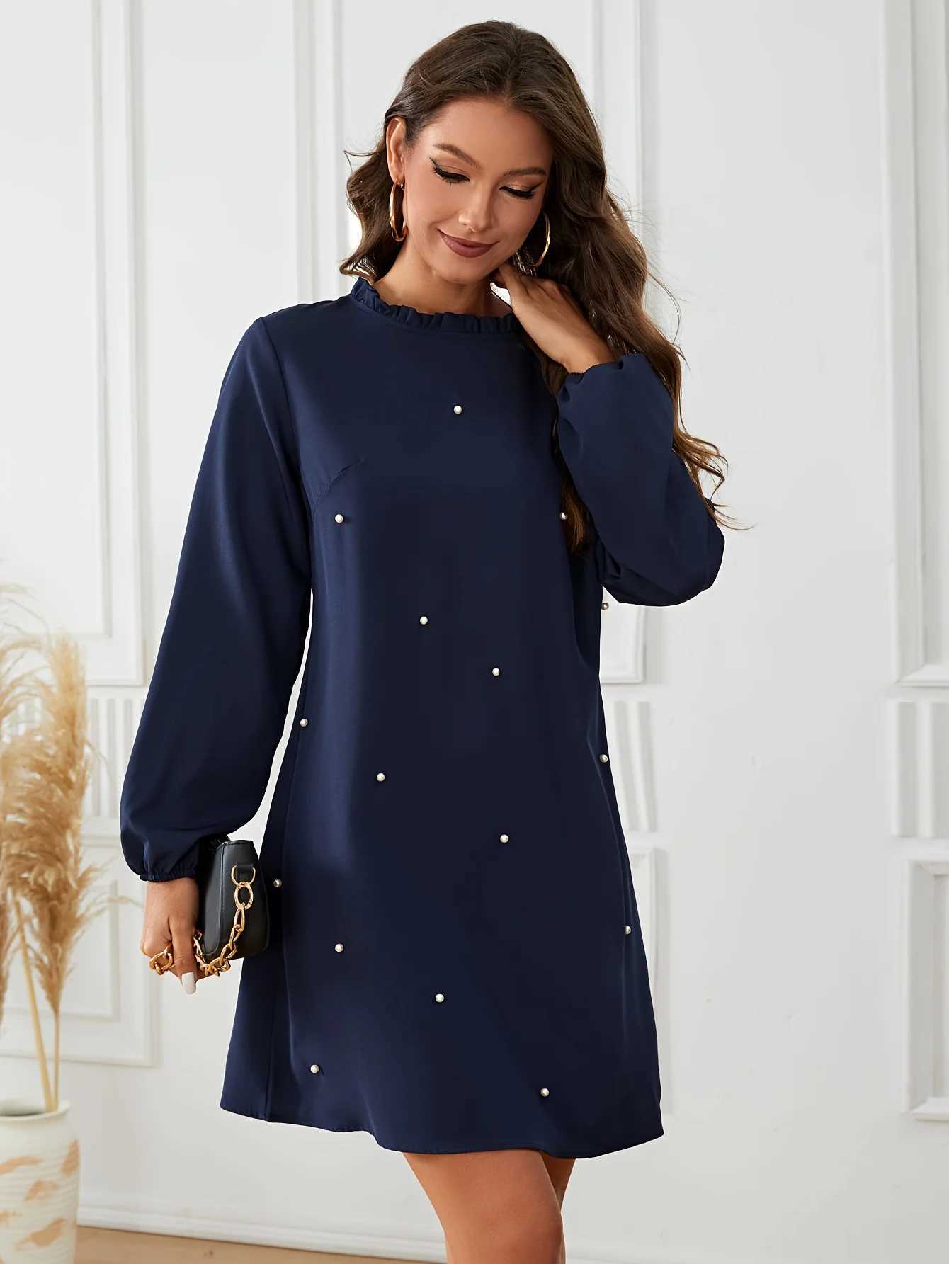 Basic Casual Dresses Cross border European and American womens autumn and winter fashion trend pearl embellishment collar lantern long slved dress Y24