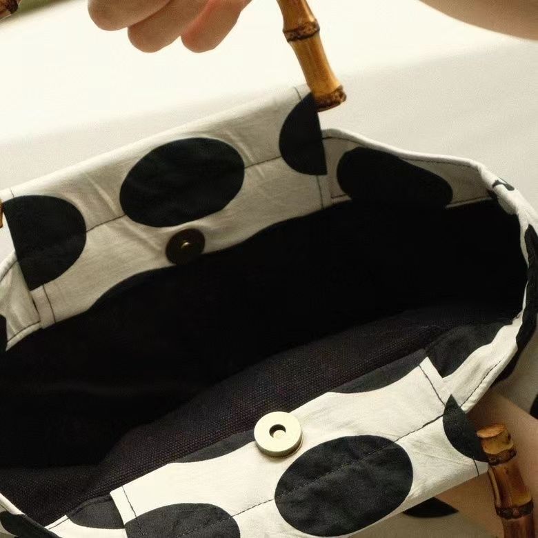 Designer bag retro polka dot black rice color scheme pop style bamboo joint bag handbag double layer canvas bag large capacity shopping bag