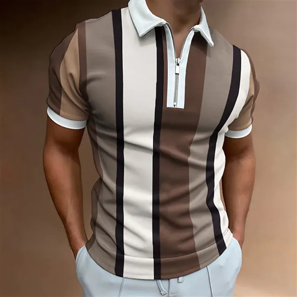 2023 Polo Shirt for Men Summer Mens Tops Daily Short Sleeve Striped Golf Plain Clothing Shirts Turndown Collar Zippers Tee 240510
