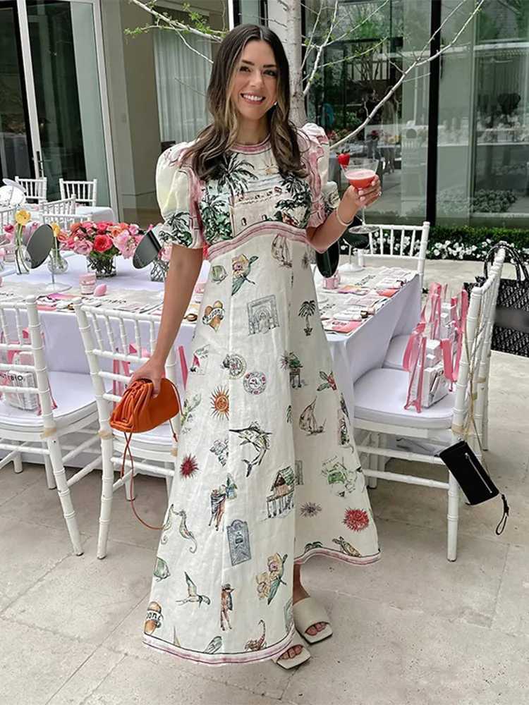 Basic Casual Dresses Fashion Round Collar Printed Long Dress For Women Elegant Casual Short Puff Sleeved Dresses 2024 Summer New Female Vacation Robe 