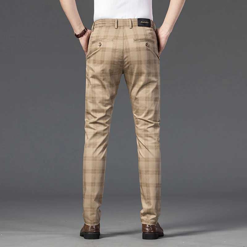Men's Pants OUSSYU Brand Mens Plaid Pants Casual Elastic Long Trousers Cotton Blue Skinny Business Work Pant for Male Classic Clothing Y240514