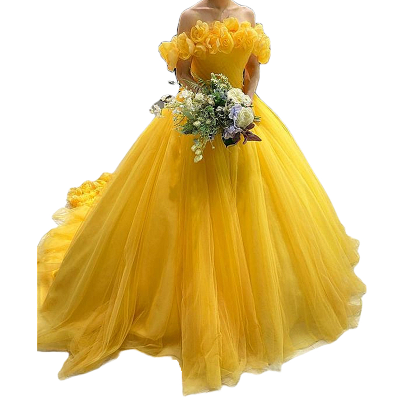 Hand Made Flowers Princess Quinceanera Dresses Off The Shoulder Long Train Yellow Tulle Masquerade Ball Prom Dress Sweet 16 Birthday Party Gown