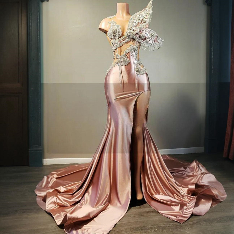 Nuke Prom Dresses For Special Ocns Illusion Mermaid Appliqued Beaded Lace Tassel Rhies Decorated Birthday Dress Second Reception Gowns 0220
