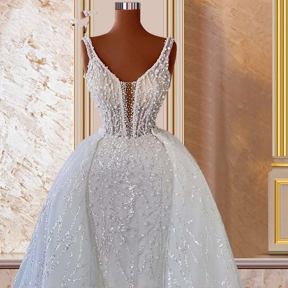 Princess Pearls Mermaid Wedding Dresses With Detachable Tail Deep V Neck Lace Beaded Bridal Gowns Women 2024 Rob 0518