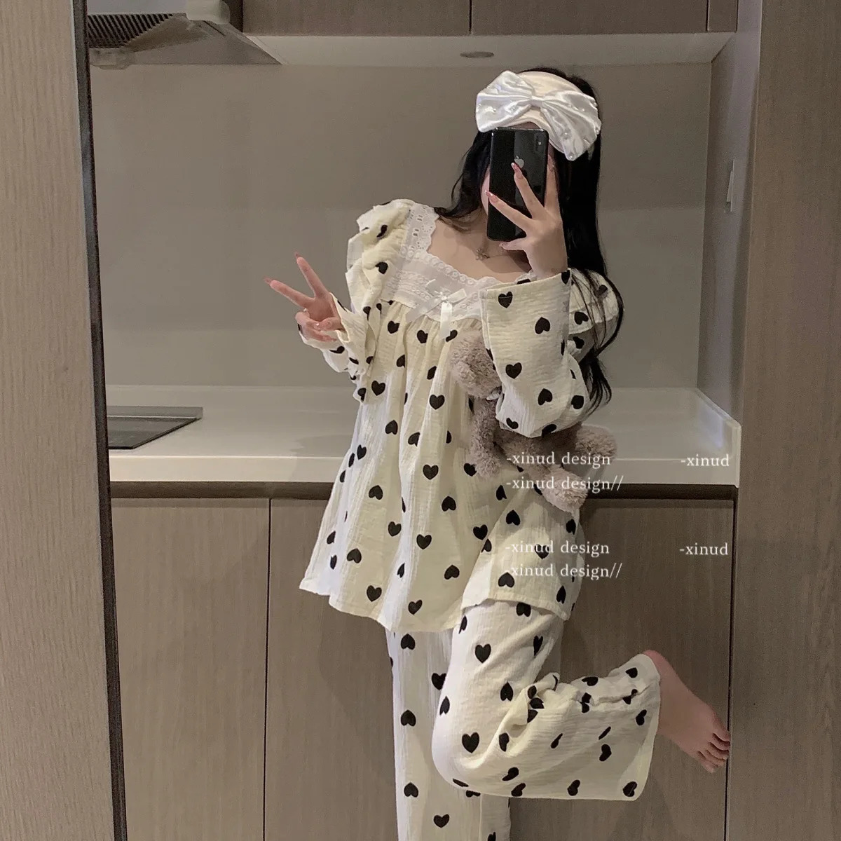 Heart Print Sleepwear Women Pajama Sets Square Collar Pants Sets 2 Pieces Piiama Korean Sleeping Full Sleeve Sping Night Wears 240514