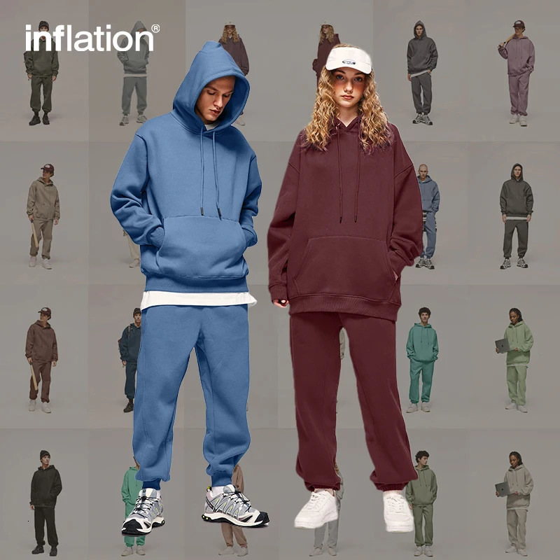 INFLATION 350gsm Thick Vlevet Tracksuit Unisex Trendy Solid Color Jogging Suit Mens Blank Matching Fleece Sweatpant Set 240506