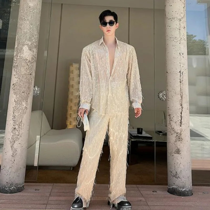 IEFB Personality Menwear Mens Casual Sets Sequins Tassels Twopiece Trendy Long Sleeve Shirt Straight Pants 2023 Autumn 9C256 240513