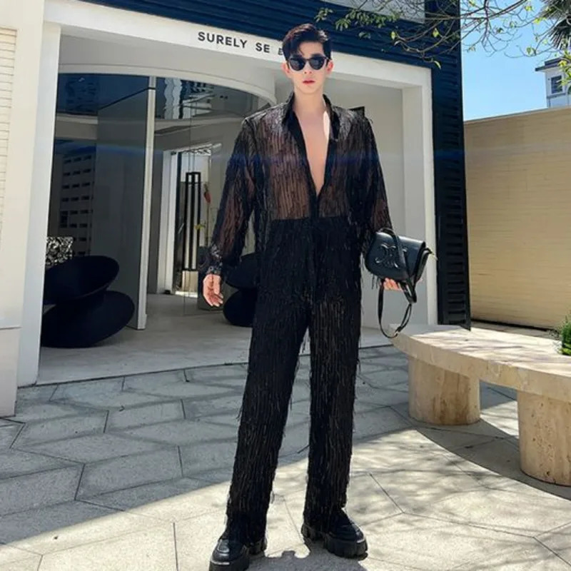 IEFB Personality Menwear Mens Casual Sets Sequins Tassels Twopiece Trendy Long Sleeve Shirt Straight Pants 2023 Autumn 9C256 240513