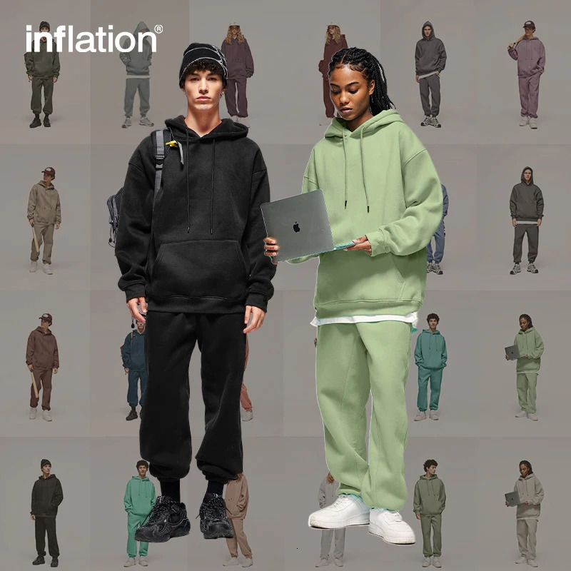 INFLATION 350gsm Thick Vlevet Tracksuit Unisex Trendy Solid Color Jogging Suit Mens Blank Matching Fleece Sweatpant Set 240506