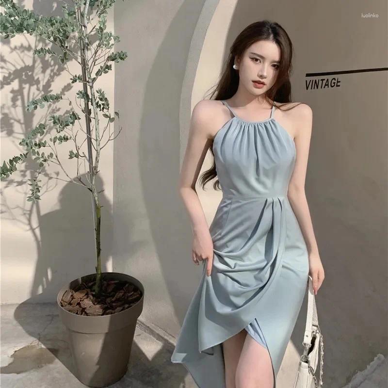 Casual Dresses Vintage Elegant For Women Chiffon Halter Korean Club Evening Party Slim Strap Midi Dress Vestido De Mujer Robe Femme