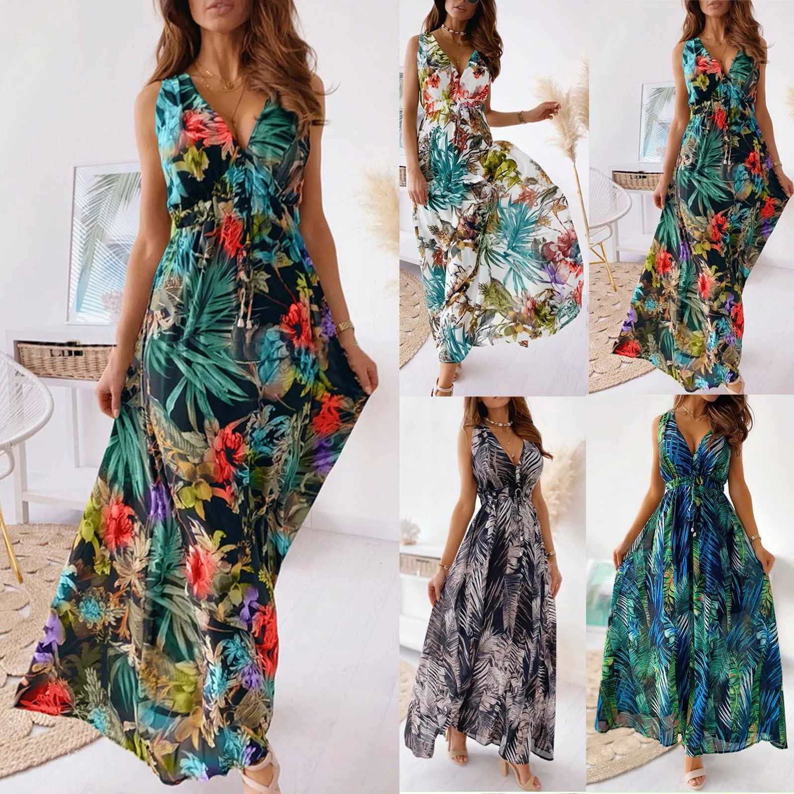 Basic Casual Dresses Womens Summer Casual Print Bandage Elastic Waist V-Neck Slveless Pullover Dress Y240515