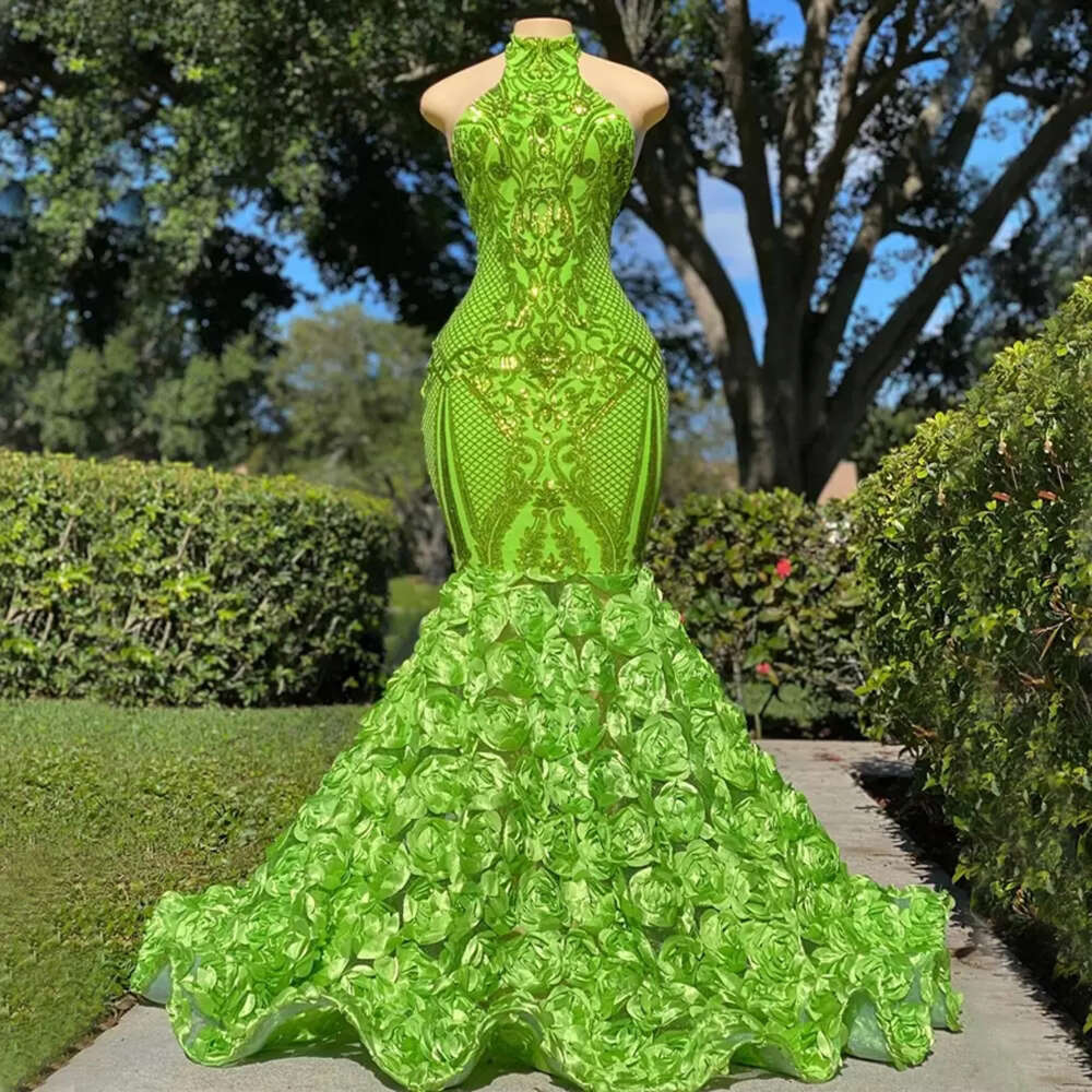 Sparkly Green Lace Mermaid Prom Drs High Neck Sleevels Rose Flower Sweep Train Evening Gowns African Party Drs 0518