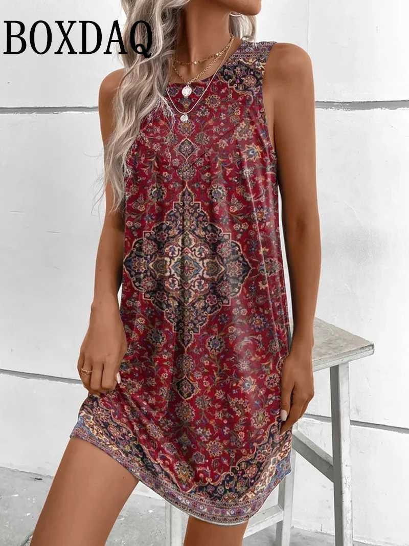 Basic Casual Dresses Summer Ethnic Style Fashion Printed Slveless Vestido Ladies Sexy Beach Holiday Dress Womens Loose Casual Robe Female Clothes Y240