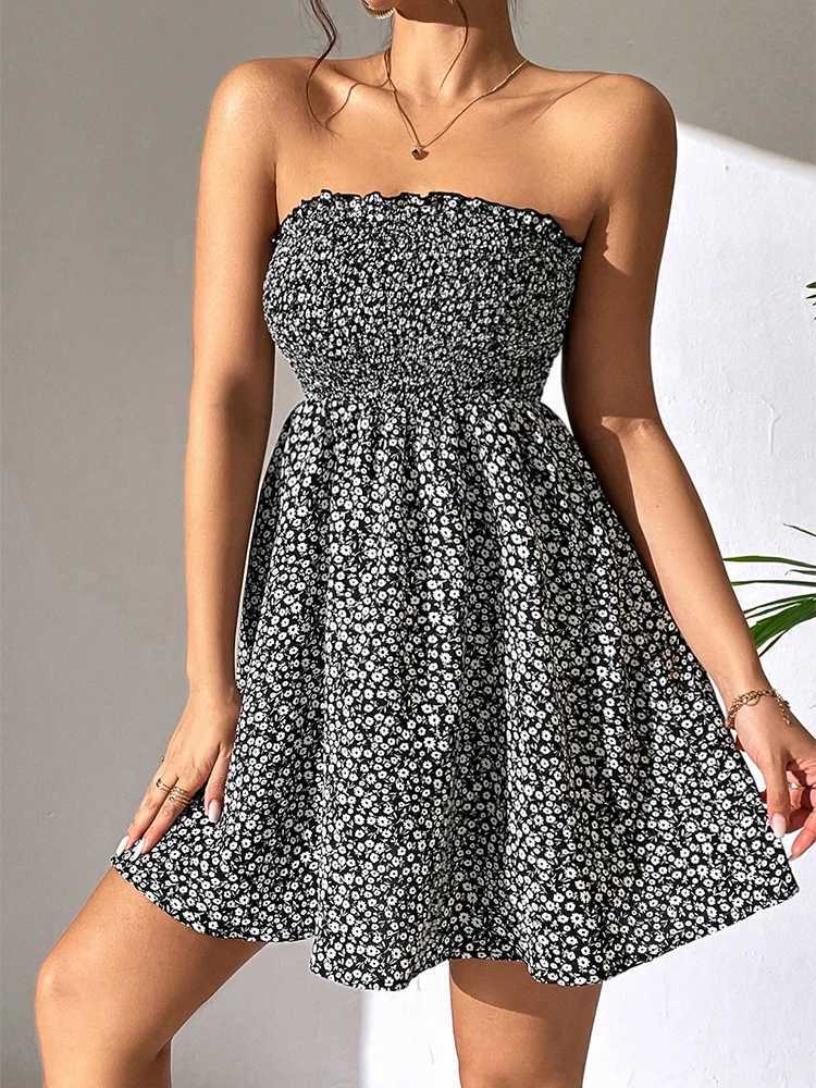 Basic Casual Dresses Summer womens fashion casual commuter Korean version of off-the-shoulder short miss kn floral short dress Y240515