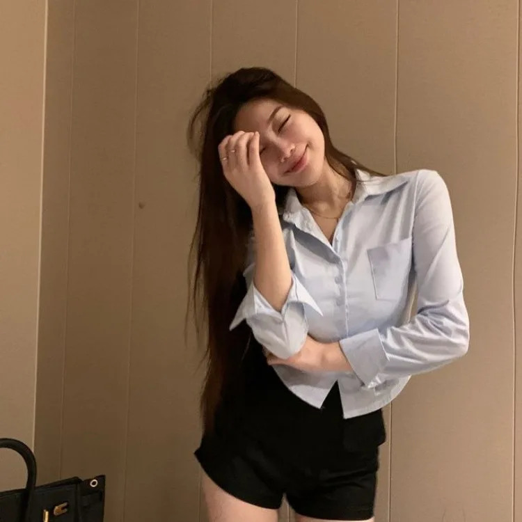 Autumn Slim Wait Single Breaked Blouses Simple Sexy Polo Neckline White Shirt Womens Y2k E-Girl Long sleeved Blusas Mujer 240517