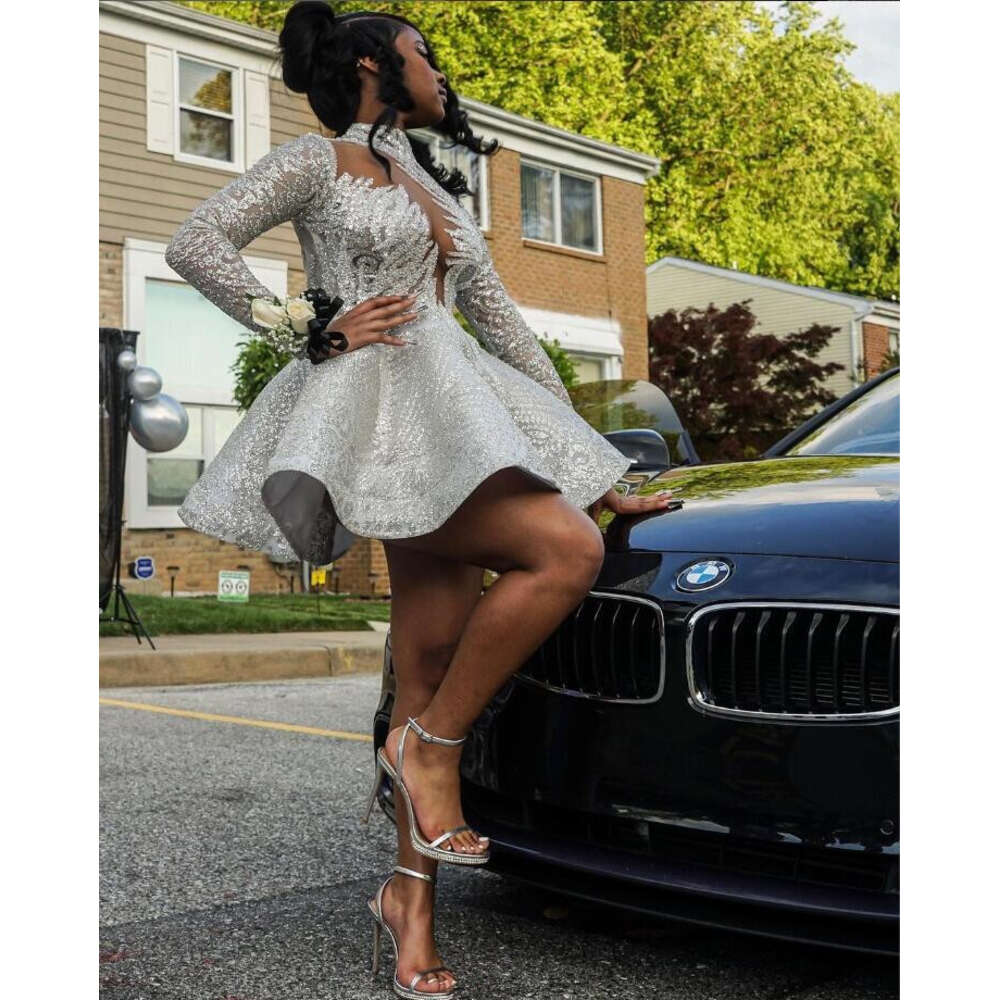 Sparkly Short Homecoming Dresses Long Sleeve Gillter Sequins Puffy Skirt Birthday Party Gowns Teens Prom Graduation Vestidos 0518