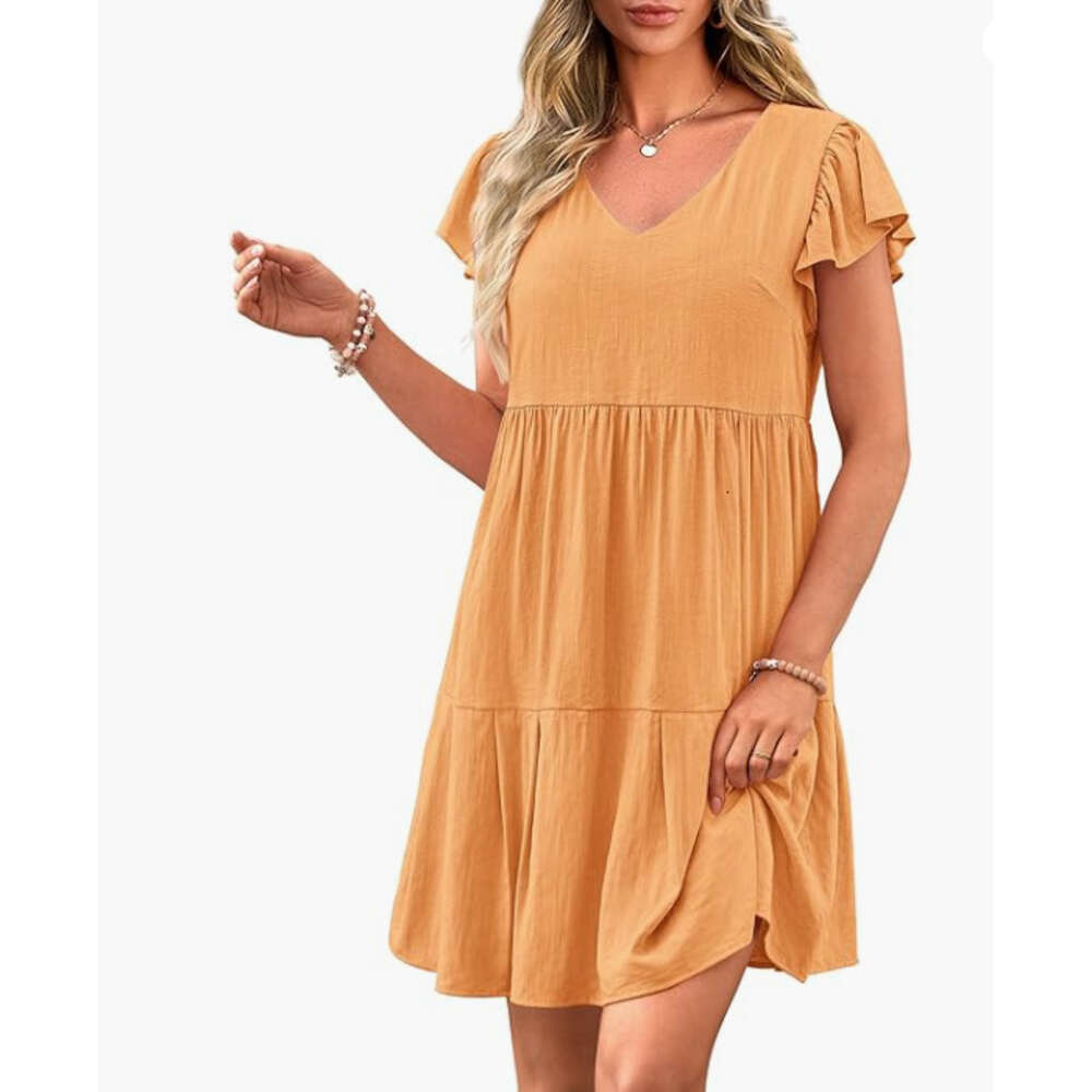 Summer Casual Short Dress Hat Sleeves V-Neck Layered Ruffle Swinging Dress