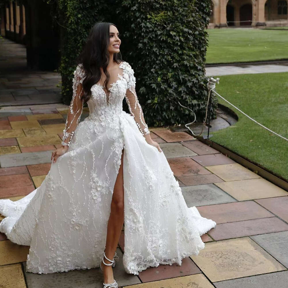 Custom Shining Brautkleid Organza With 30D Chiffon Princs Ball Gown O-Neck Full Sleeve Elegant Bride Drs Rob De Mariee 0518