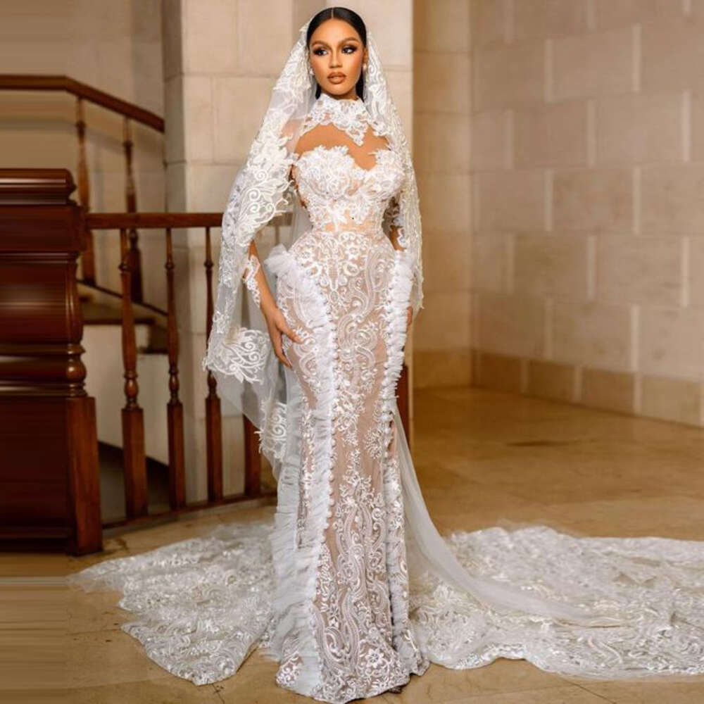 Retro Lace Mermaid Drs Saudi Arabia High Neck Sheer Long Sleev Bridal Gowns Sweep Train Wedding Vtidos With Veil 0518