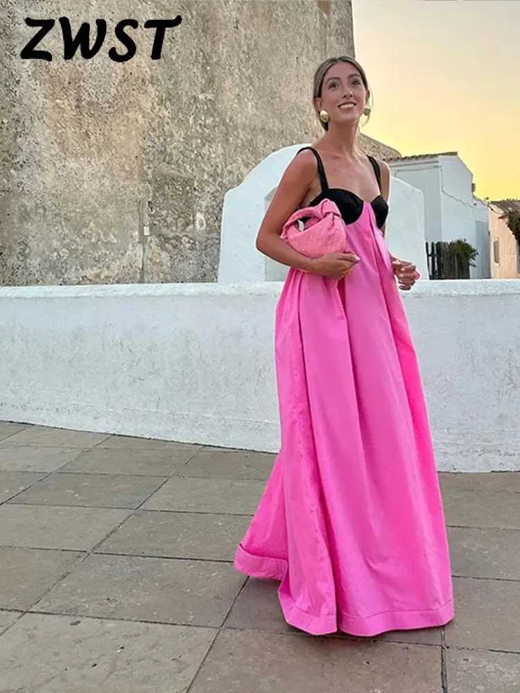 Basic Casual Dresses Sexy Contrast Strap Dress Women Loose Backless Off Shoulder Sleeveless Dresses Female 2024 Summer Party Holiday Lady Robes J24051