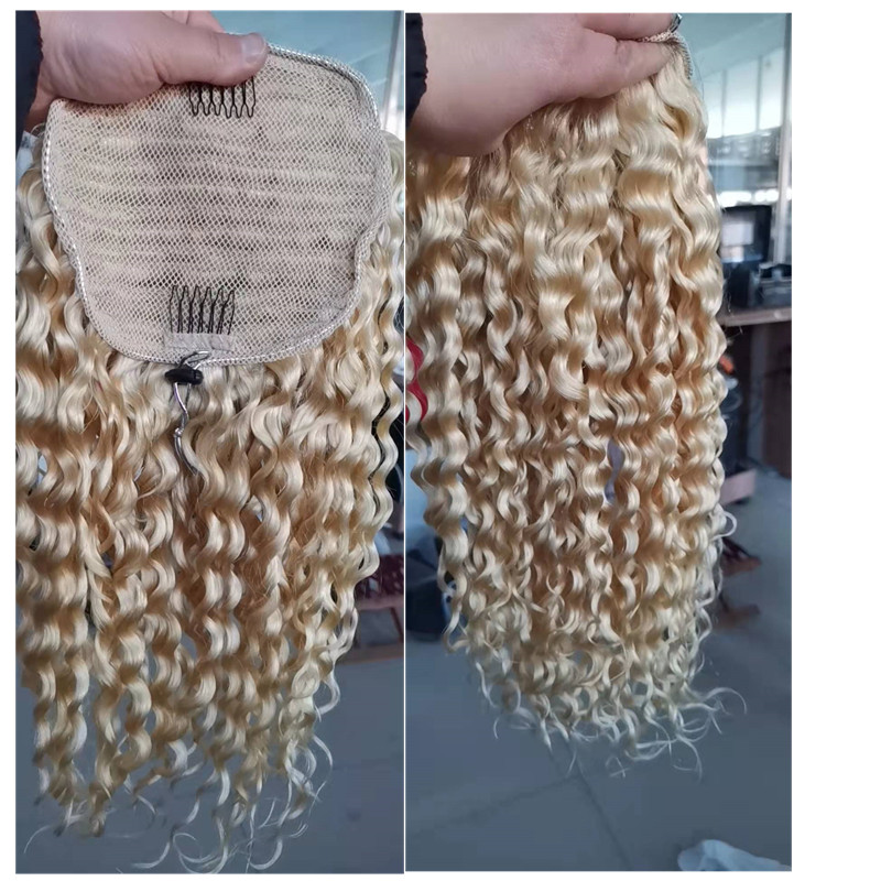 European remy ombre ash blonde 613 ponytail virgin human hair extension full cuticle aligned blond deep curly hair drawstring ponytail invisible clip 