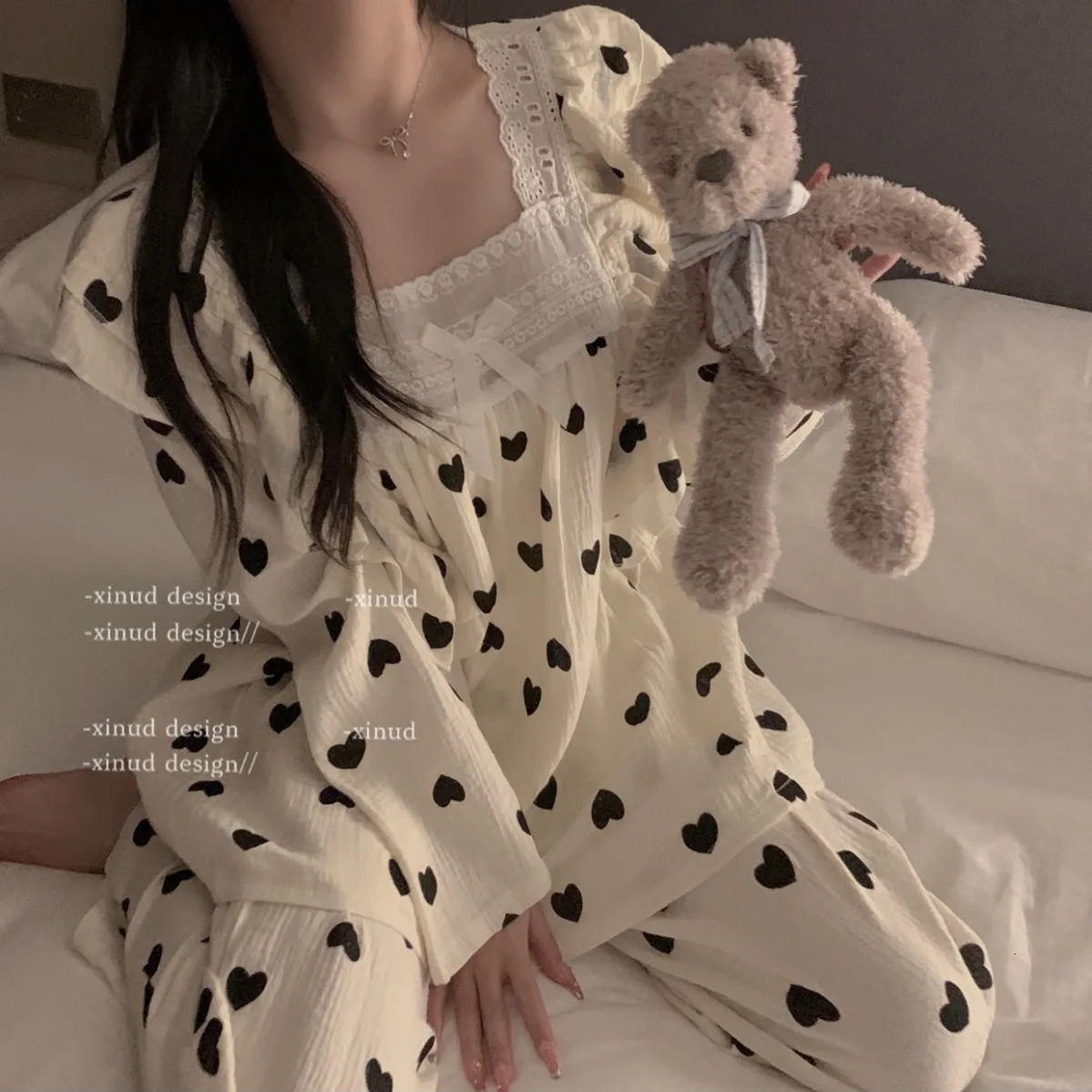 Heart Print Sleepwear Women Pajama Sets Square Collar Pants Sets 2 Pieces Piiama Korean Sleeping Full Sleeve Sping Night Wears 240514