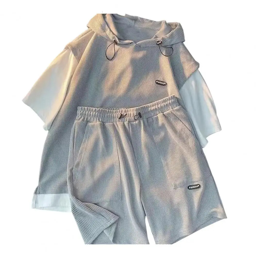 Loose Breathable Tshirt Shorts Set Twopiece Fit Outfit Mens Casual Sport with Hooded Drawstring for Active 240518