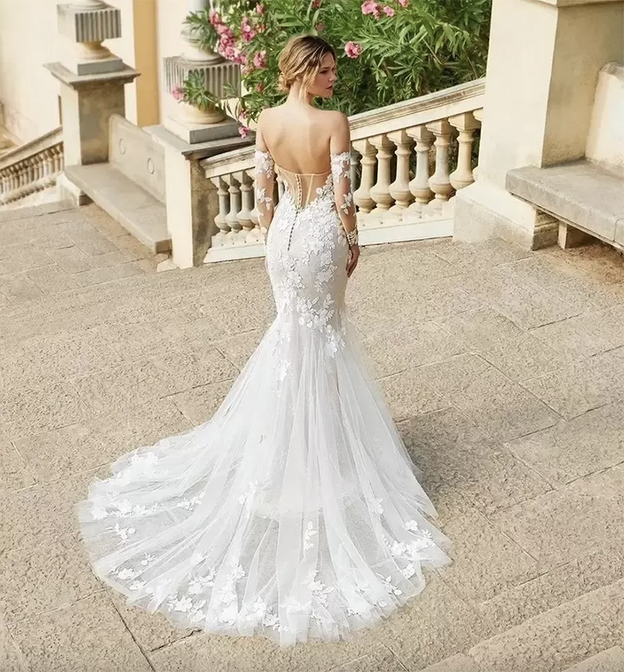 Mermaid Dresses Gorgeous Wedding Bridal Gown with 3D Floral Lace Applique Detachable Long Sleeves 2024 Designer Tulle Sweep Train Custom Made Vestidos