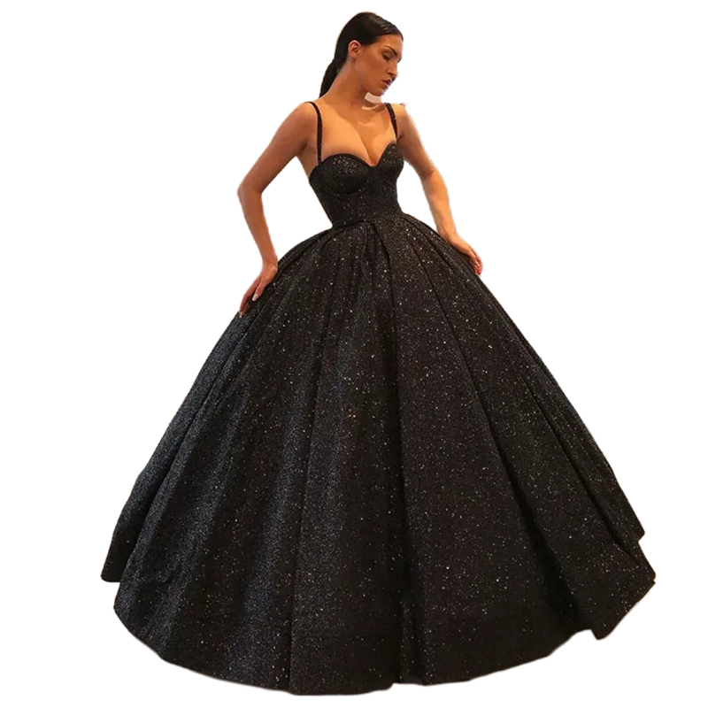 Glitter Black Sequined Ball Gown Prom Dresses Spaghetti Straps Pleats Floor Length Special Occasion Dress Long Evening Gowns Sleeveless 2024