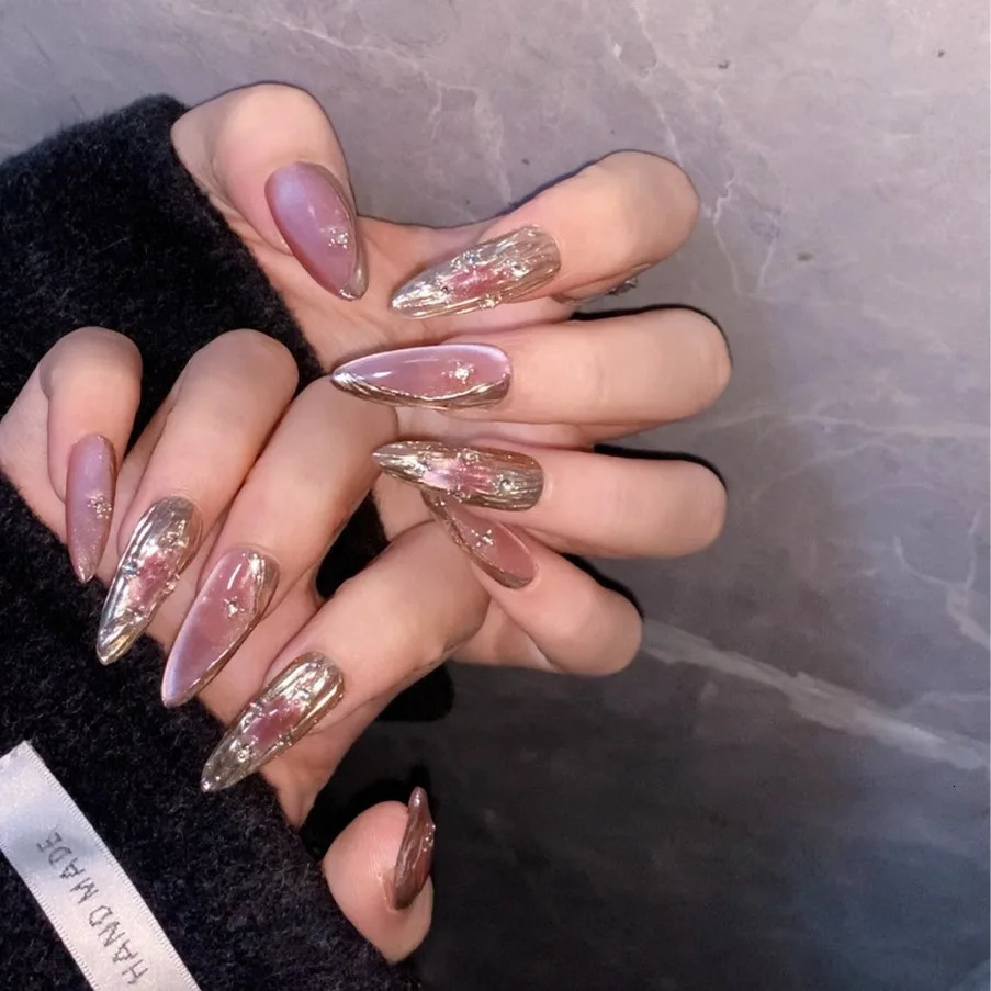 Emmabeauty Pink Crystal Cat Eye Sweet Cool Almond Water Drop Shape Blush Gold Hand Painted Press On Nails with Cool Style 240518
