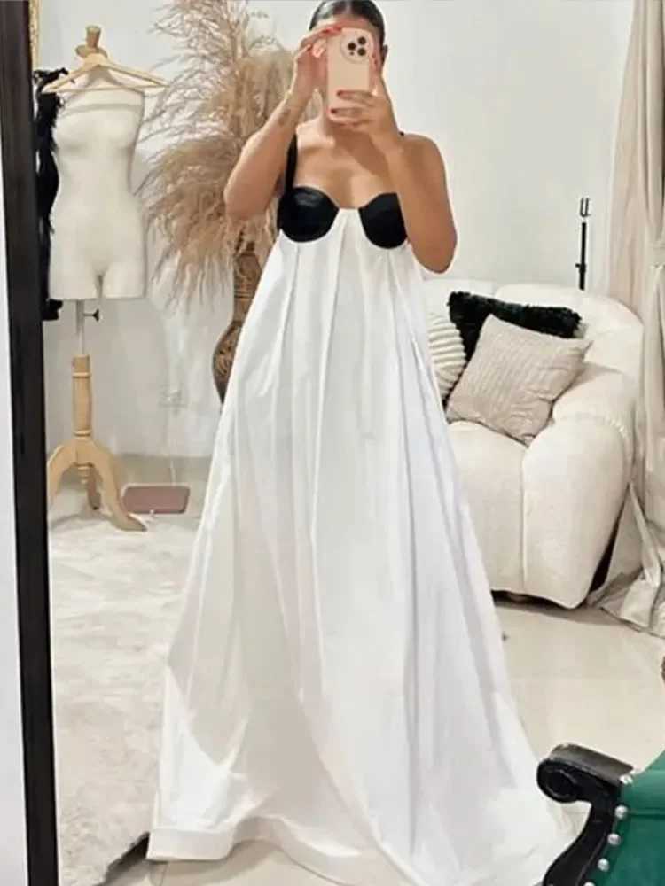 Basic Casual Dresses Sexy Contrast Strap Dress Women Loose Backless Off Shoulder Sleeveless Dresses Female 2024 Summer Party Holiday Lady Robes J24051