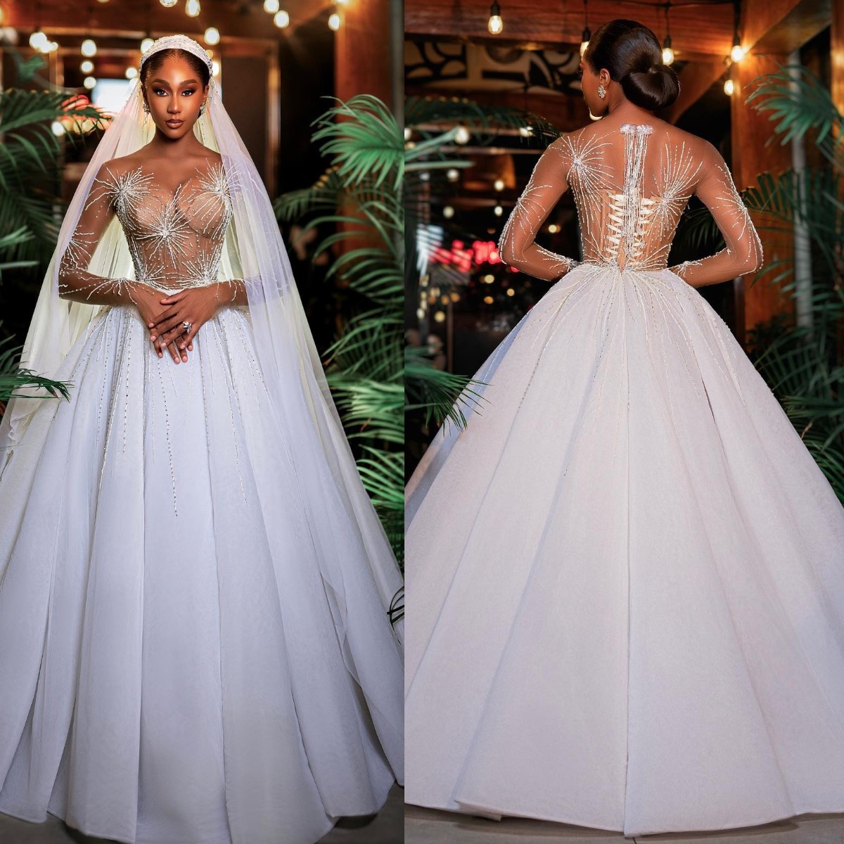 Aso Ebi A Line Dress For Bride Sheer Neck Long Sleeves Wedding Dresses Embroidery Beaded Lace Up Back Arabic Black Women Designer Bridal Gowns 0616