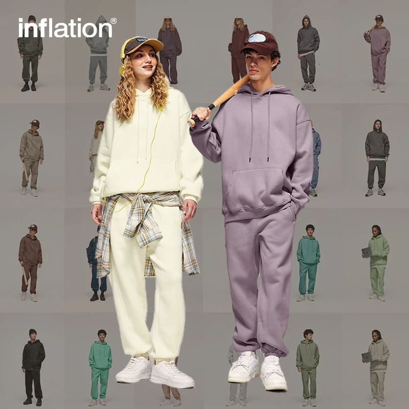 INFLATION 350gsm Thick Vlevet Tracksuit Unisex Trendy Solid Color Jogging Suit Mens Blank Matching Fleece Sweatpant Set 240506