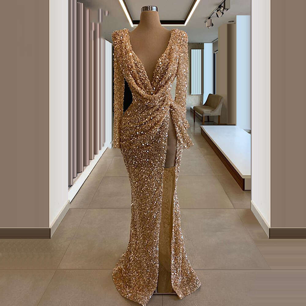 Gold Shiny Sequined Beaded Women Evening Middle East Chic Formal Prom Gown Deep V Neck Party Drs Custom Made