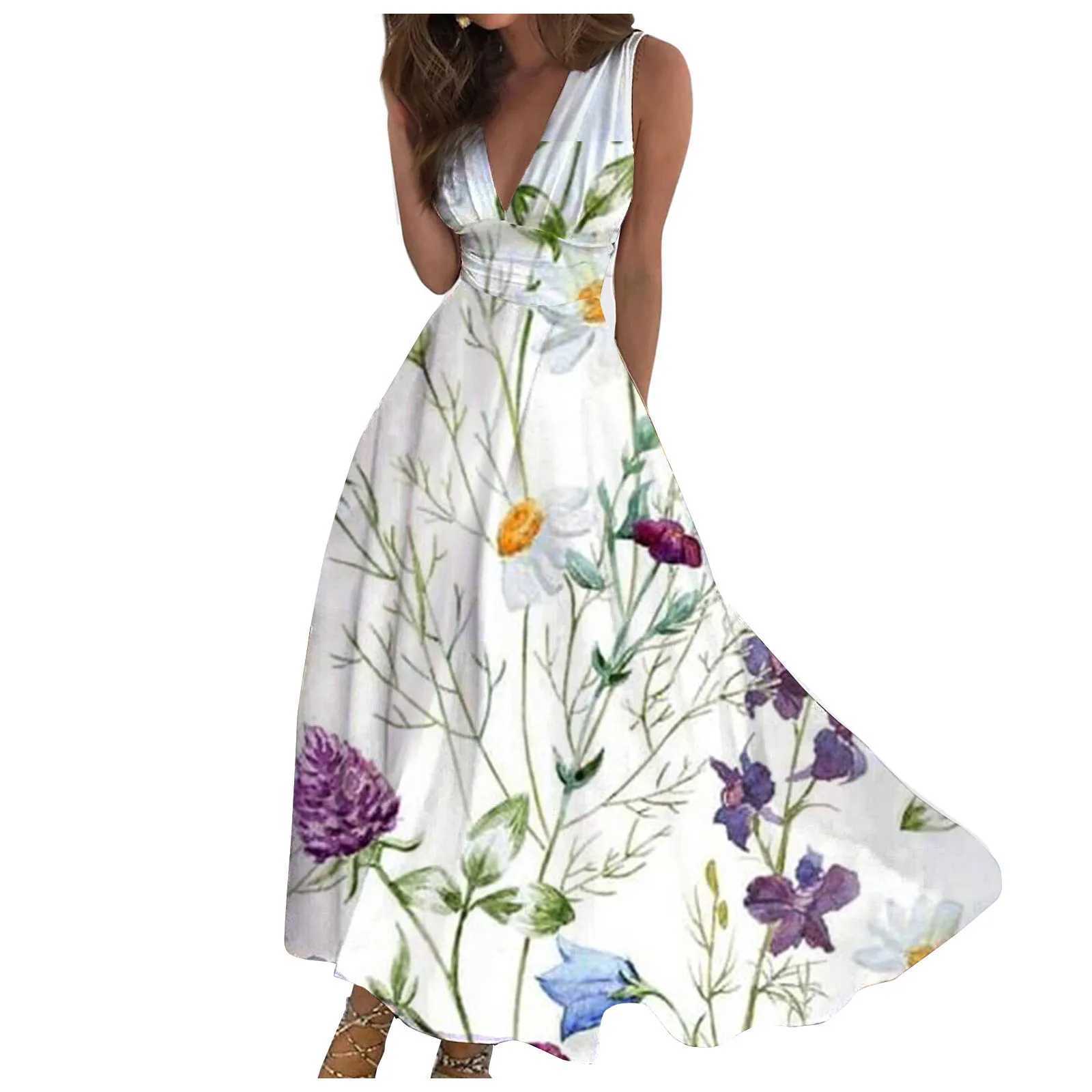 Basic Casual Dresses Womens Long Dress Maxi Dress Casual Dress Swing Dress A Line Dress Fashion Outdoor Daily Date Print Slveless V Neck Dress Y240515