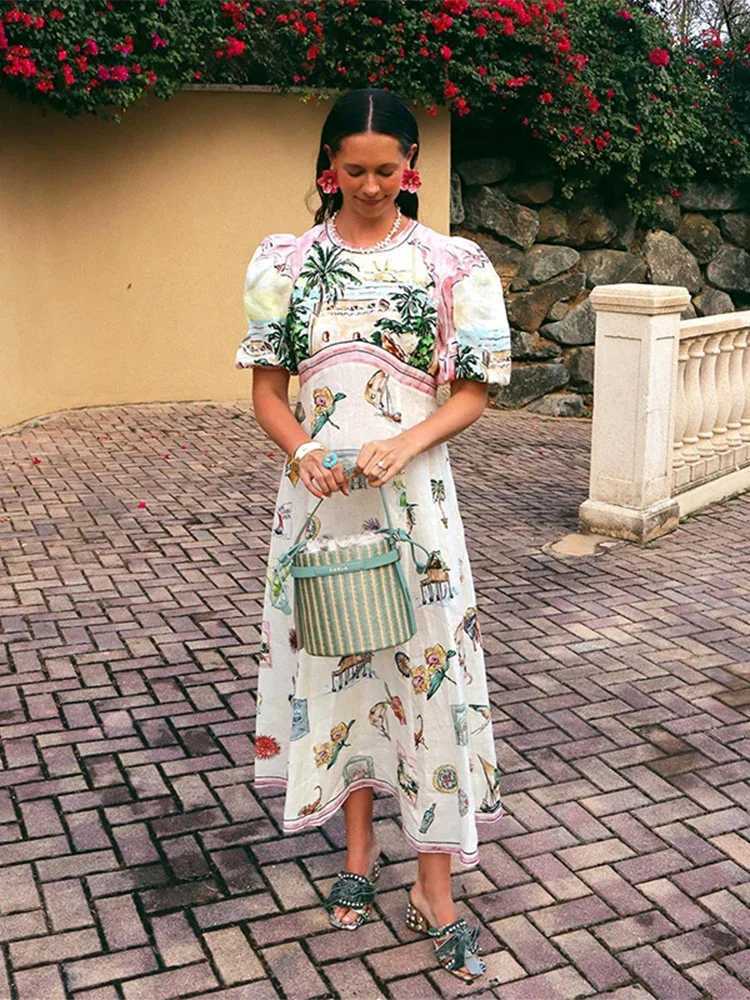 Basic Casual Dresses Fashion Round Collar Printed Long Dress For Women Elegant Casual Short Puff Sleeved Dresses 2024 Summer New Female Vacation Robe 