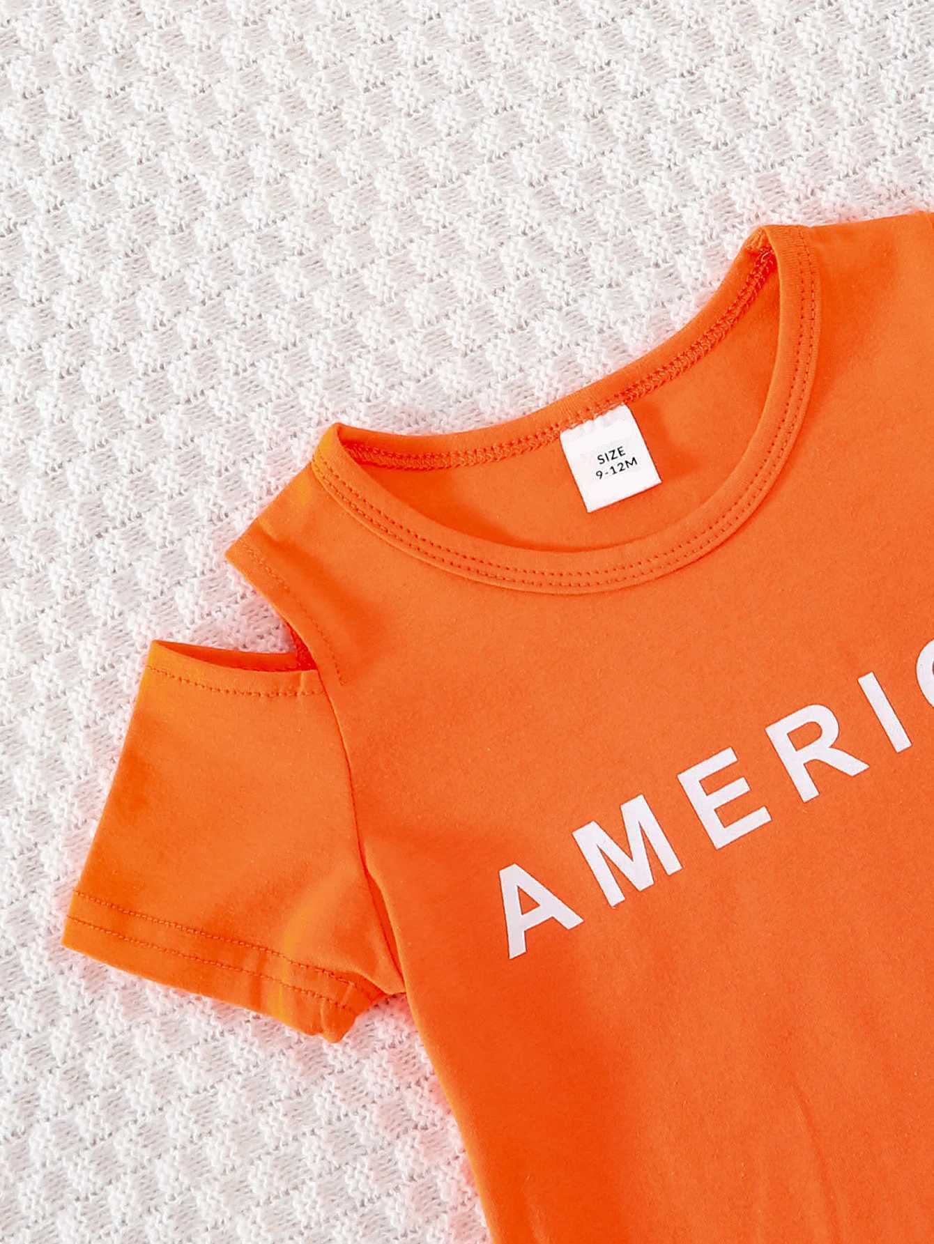 Clothing Sets Fashionable summer baby girl clothing with letter printed shoulder short sleeves and irregular denim high waisted tight fitting girl set
