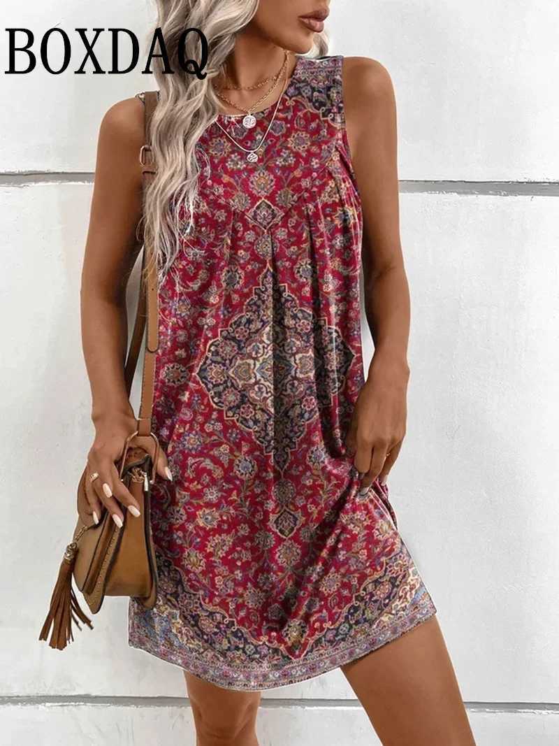 Basic Casual Dresses Summer Ethnic Style Fashion Printed Slveless Vestido Ladies Sexy Beach Holiday Dress Womens Loose Casual Robe Female Clothes Y240