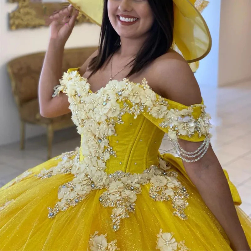 Sparkly Yellow Sequined Quinceanera Dresses 3D Floral Appliques Off The Shoulder Prom Ball Gowns Beaded Corset Gorgeous Sweet 16 Dress Vestido De VX A