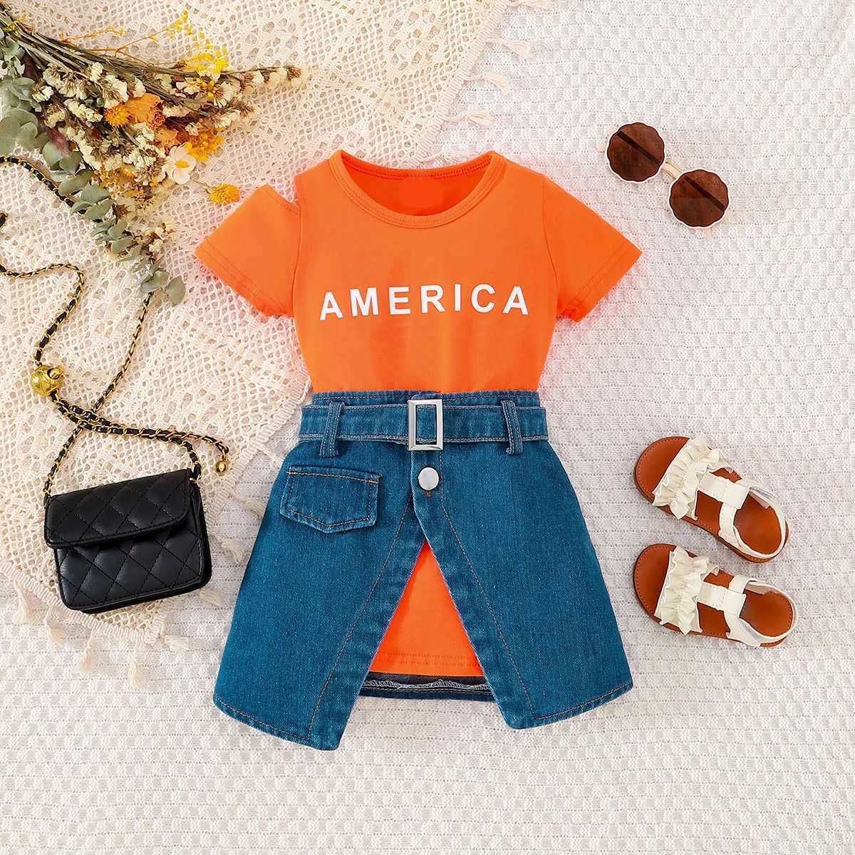 Clothing Sets Fashionable summer baby girl clothing with letter printed shoulder short sleeves and irregular denim high waisted tight fitting girl set