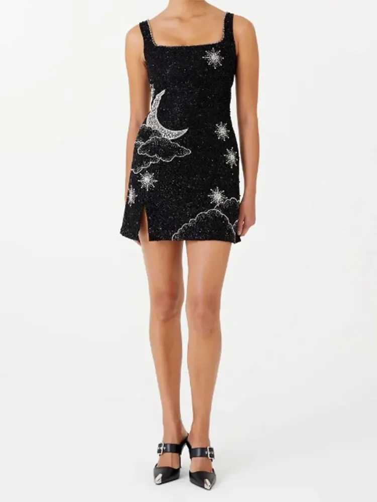 Runway Dresses Sexy Shiny Sequins Printed Slim Sg Mini Women Chic U-neck Seless Backless Bodycon Dress 2024 Lady Party Club Robes T240518