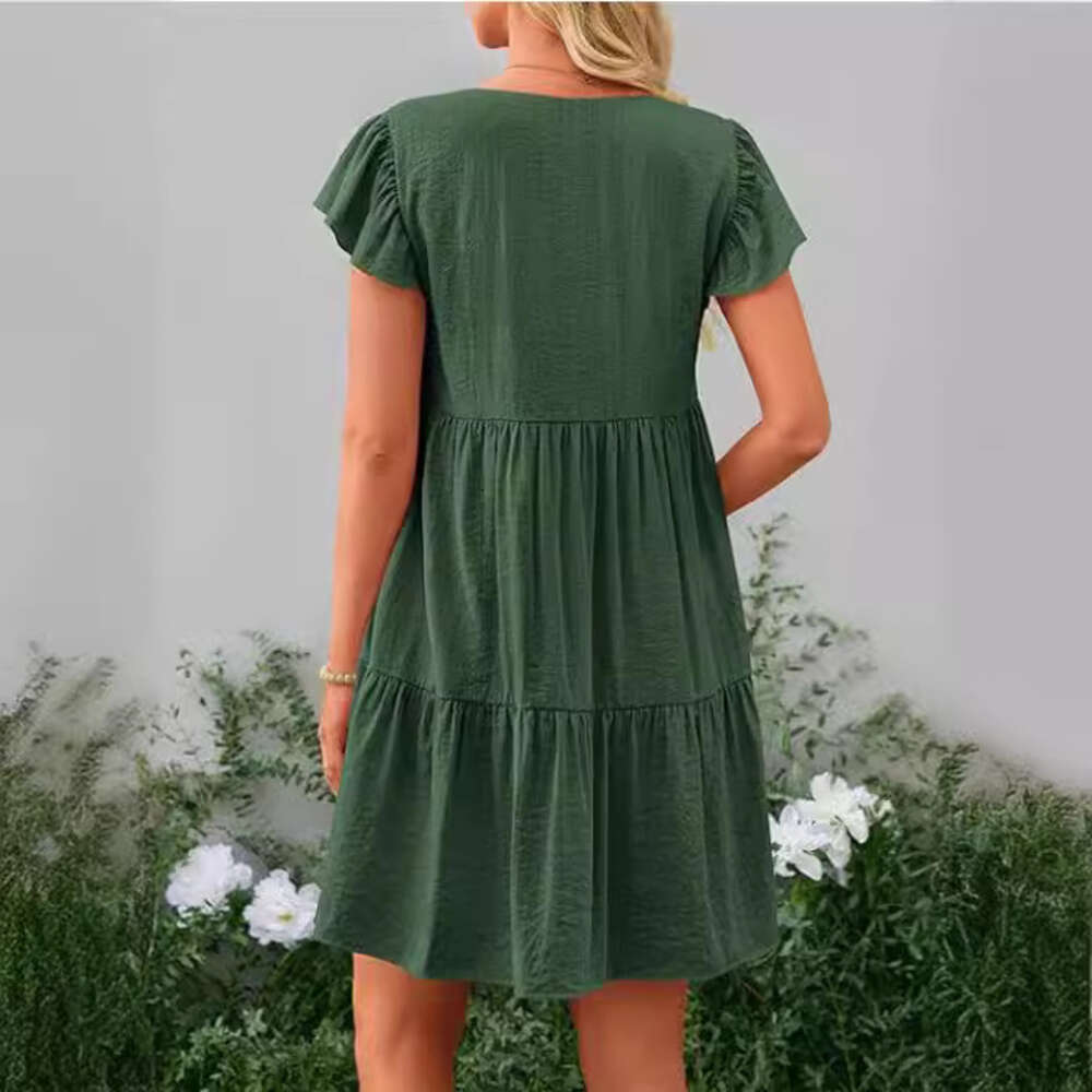 Summer Casual Short Dress Hat Sleeves V-Neck Layered Ruffle Swinging Dress
